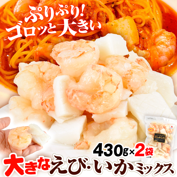 海鮮 大きな えび・いかミックス 860g シーフードミックス むき海老 いか 大粒 バラ凍結 加熱用 430g×2袋 チャック付き 業務用 冷凍便