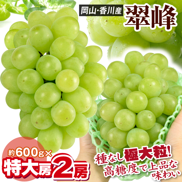 ぶどう 2房 翠峰(すいほう) 岡山・香川産 約600g×2房 大房 種なしブドウ 高糖度 皮ごと食べられる 送料無料 食品