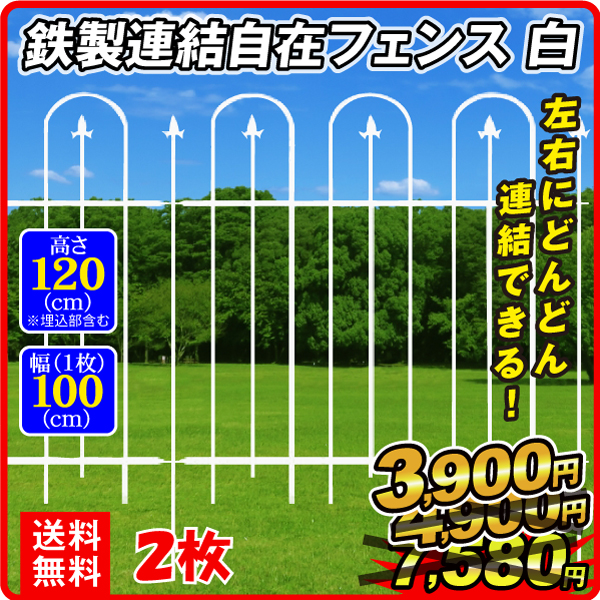 鉄製連結自在フェンス 白 2枚組 フェンス ガーデンフェンス ローズフェンス  ガーデニング アイアン 柵 仕切り 庭 公園 花壇 フラワー つるバラ 薔薇