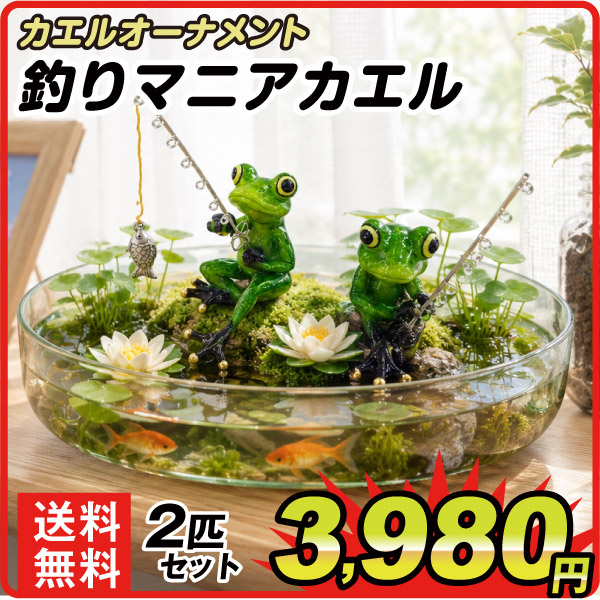 カエルオーナメント　釣りマニアカエル　２個セット　カエルの置物　玄関　風水　縁起物　置物　商売繁盛　開運  雑貨　ガーデニング　庭　オブジェ 卓上