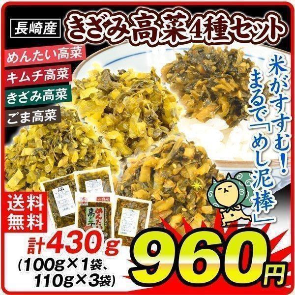 高菜 4種セット 4種4袋(各1袋) キムチ高菜(100g) 明太高菜 きざみ高菜 ごま高菜(110g) たかな 漬物 大平食品 メール便 送料無料