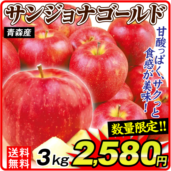 りんご 3kg サンジョナゴールド 青森産 ご家庭用 数量限定 林檎 送料無料 食品