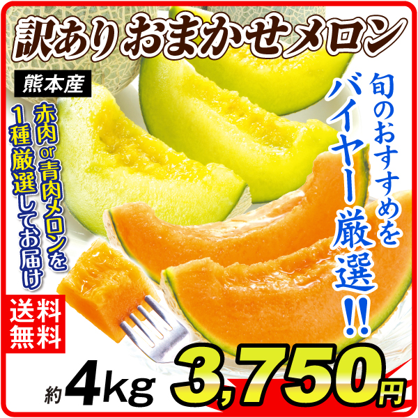 メロン 熊本産 訳あり 品種おまかせメロン 約4kg（2～8玉） 旬の青肉・赤肉メロンを1品種お届け ご家庭用 送料無料 食品 国華園