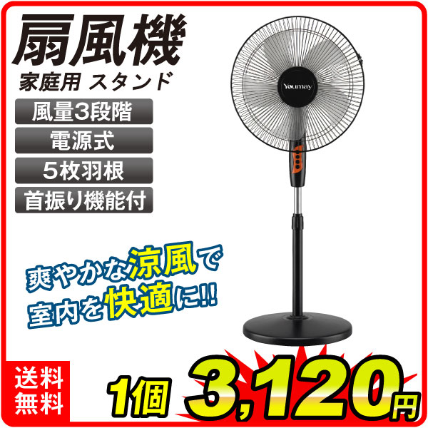 扇風機 1台 羽根あり 首振り 電源式 5枚羽根 3段階風量調整