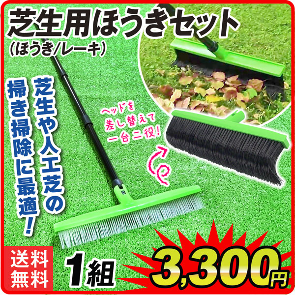 国華園 人工芝用ほうきセット 2種のヘッドを使い分け 人工芝や芝生の落ち葉掃除に 湾曲ブラシがしっかりキャッチ
