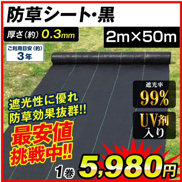 防草シート・黒　2m×50m 1巻　防草シート 農用シート UV剤入り 草よけ 除草 雑草 耐用年数 2-3年 厚さ0.3mm 砂利下 人工芝下 ロールタイプ